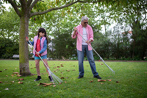 Family Raking Lawn